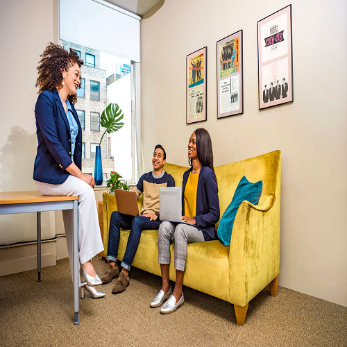 Two smiling women collaborating in business environment